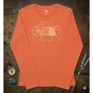 The North Face Women’s Orange Long Sleeve Graphic Tee Shirt Size M Outdoor Logo